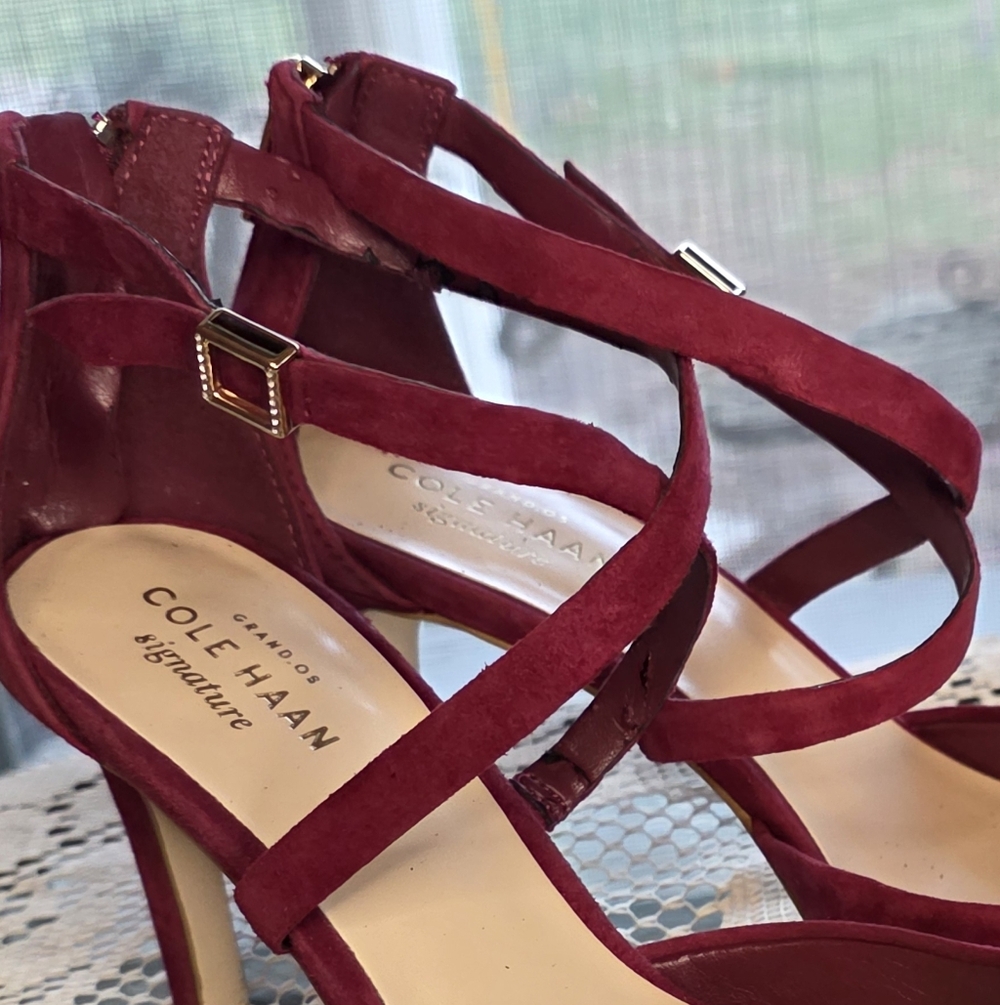 Cole Haan Juliana Burgandy Suede Strappy Pointed Toe Pumps Gold Details size 6B - Picture 5 of 9